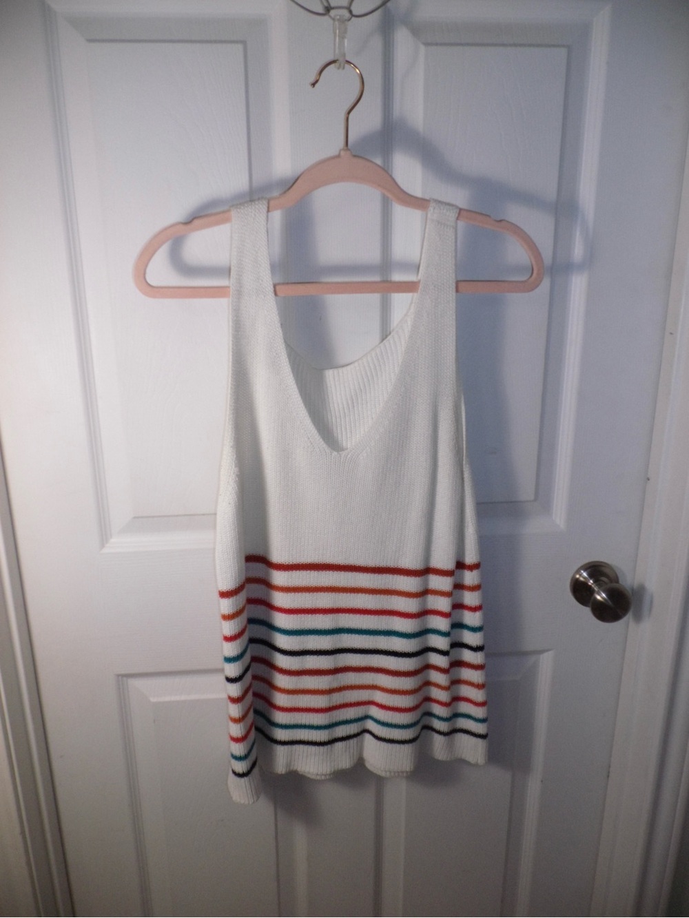 Women’s White Sleeveless Knit Tank with Multicolor Stripes